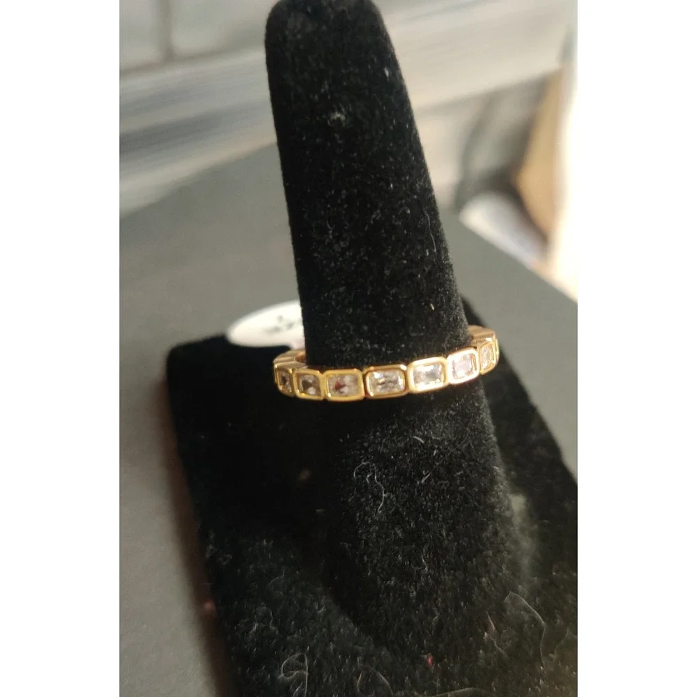 Moissanite Eternity Band Gold Bezel Set Emerald Cut Ring Size 7 Wedding Band